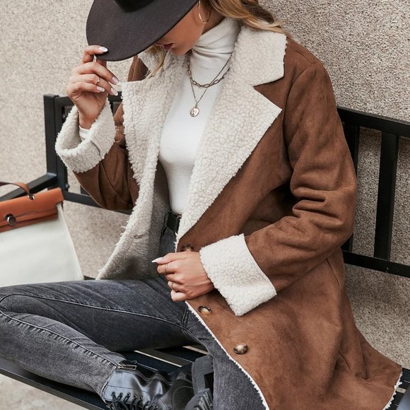 Brown Preppy Womens Lapel Collar Teddy Lined Suedette Coat - Picture 5 of 5